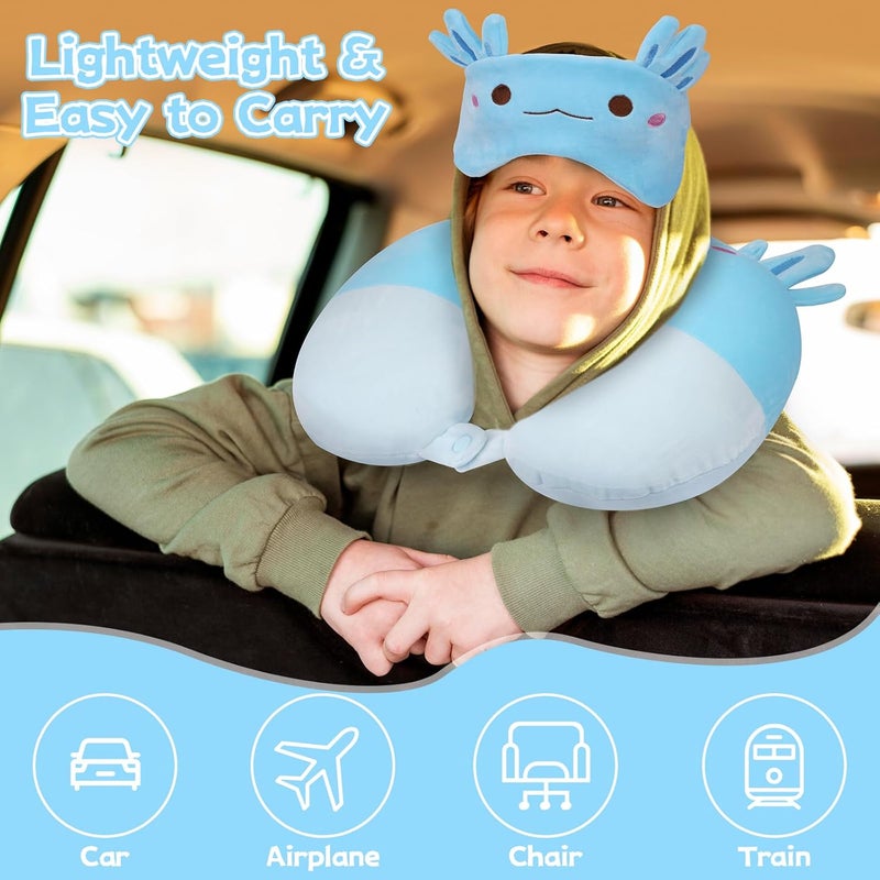 JEROKUMI Kids Neck Pillows for Travel, Travel Pillow with Eye Mask Cartoon Axolotl U Shaped Neck Pillow for Sleeping Travel, Head Support Neck Pillow for Kids Teens Airplane Roadtrip Car - Image 4